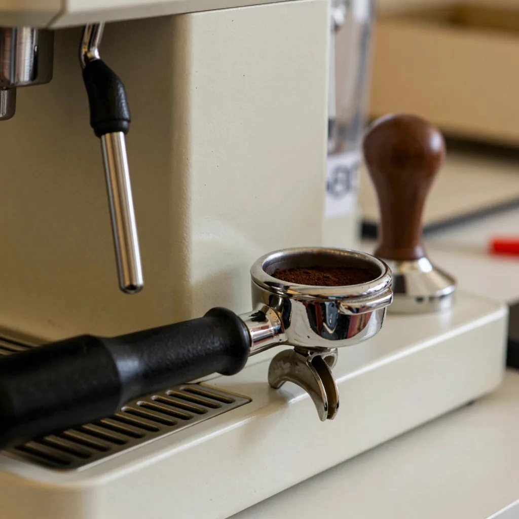 Kuvituskuva: espressokoneen suodatinkahva ja tamppi